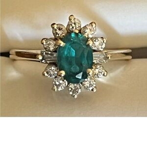 Emerald and Diamond Ring, 14K Yellow Gold, Oval Cut Stone, Size 5.75, Vintage